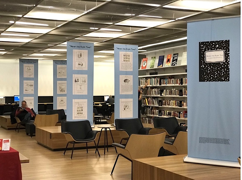 "Never the Right Time" banner exhibit - 53rd St. Branch of the New York Public Library